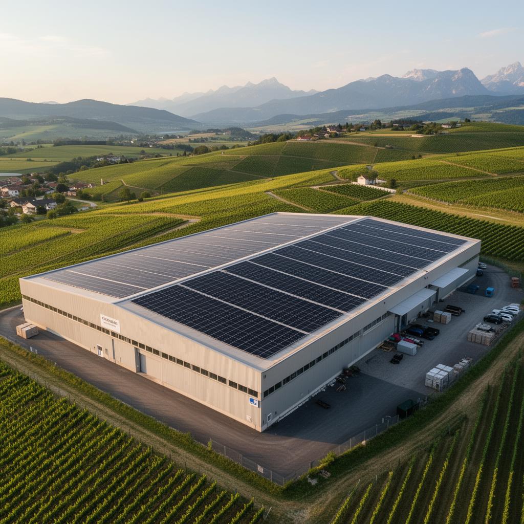 Luftaufnahme einer Gewerbehalle mit großflächiger Solaranlage
