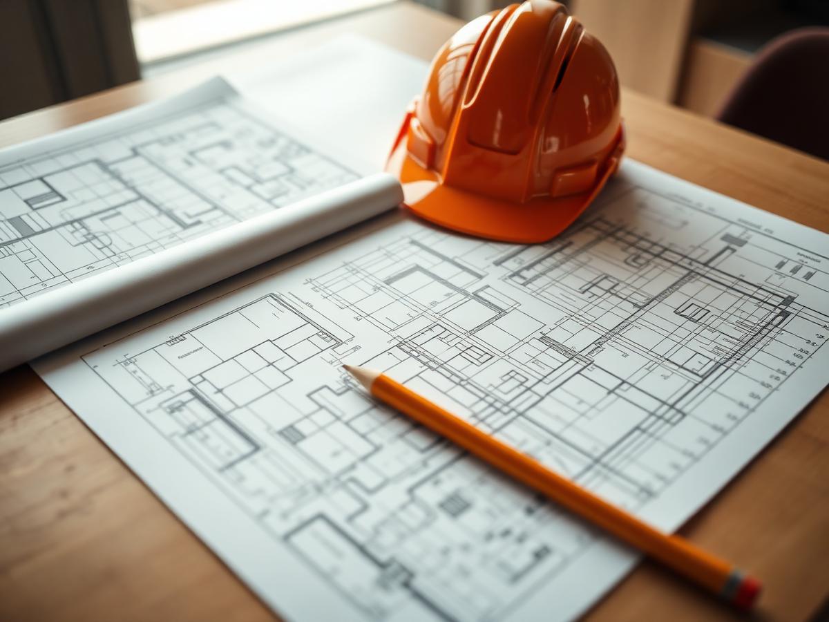 Bauplan und Schutzhelm auf einem Arbeitstisch