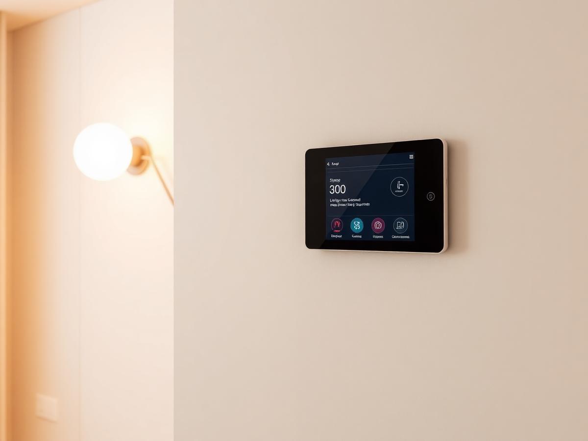 Wandeingebautes Smart-Home-Bedienpanel in einem hellen Wohnraum
